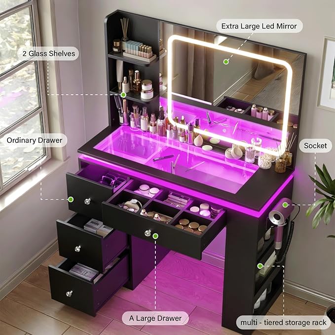 Black Vanity Desk with Illuminated Mirror & Power Outlet, Bedroom Dresser LED Mirror Stepless Dimmable & 3 Color Modes Adjustable RGB Drawers, for Women Girls Bedroom（Pure Black