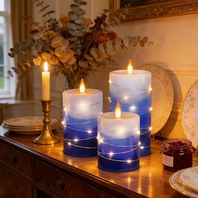 Flameless Candles with String Lights, Battery Operated Candles with Remote Control and Timer,Flickering LED Pillar Candles for Home Decoration,Real Wax, Gradient Blue (3-Pack)
