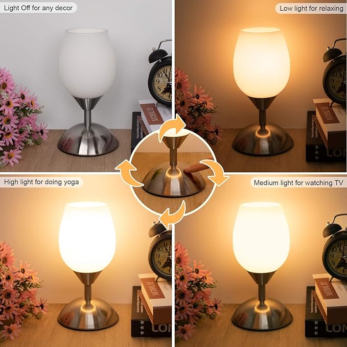 Boncoo Small Touch Lamp for Bedroom Nightstand, 3-Way Dimmable Bedside Lamps Opal Glass Desk Lamp Silver Base, Tiny Table Lamp for Small Spaces Ambient Lighting for Living Room, E12 Bulb Included
