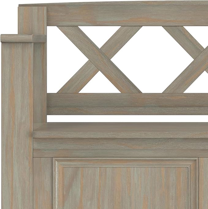 SIMPLIHOME Amherst Entryway Storage Bench - 36 inch Wide Solid Wood Hallway Bench in Distressed Grey, Transitional Bench for Entry or Mudroom with Lift-Up Lid, Storage Compartments and X-Back Detail