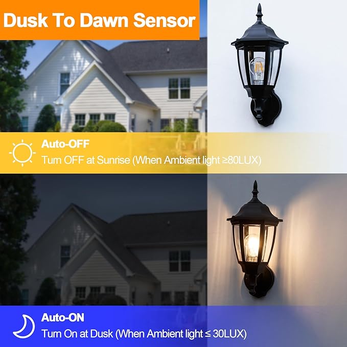 FUDESY Outdoor Wall Light Dusk to Dawn, Porch Sensor Light Black Plastic Anti-Corrosion with LED Edison Filament Bulb, Exterior Mount Lantern for House, Garage (2-Pack)