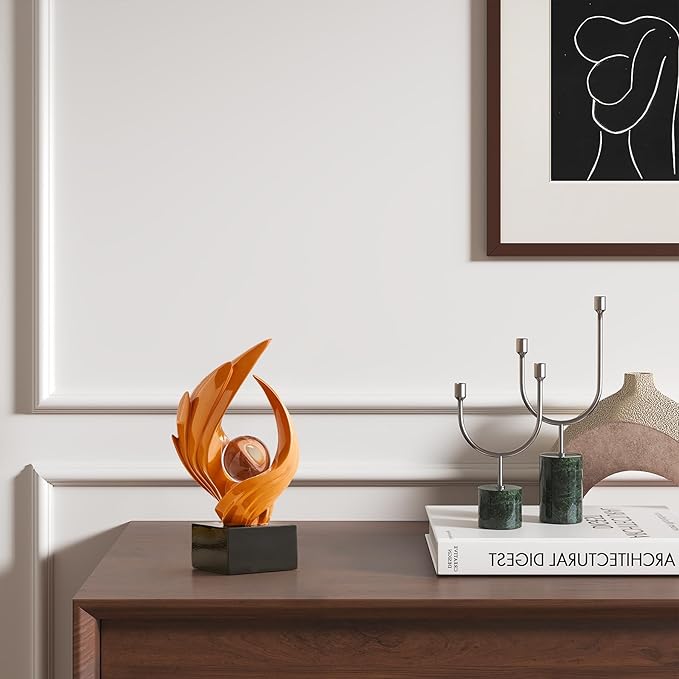 FJS Home Decor Modern Art Statue Decor, Coffee Table Bookshelf Shelf Decor Accents, Abstract Swirl-Shaped Sculpture Decorations for Dining Room Living Room Office (Orange)