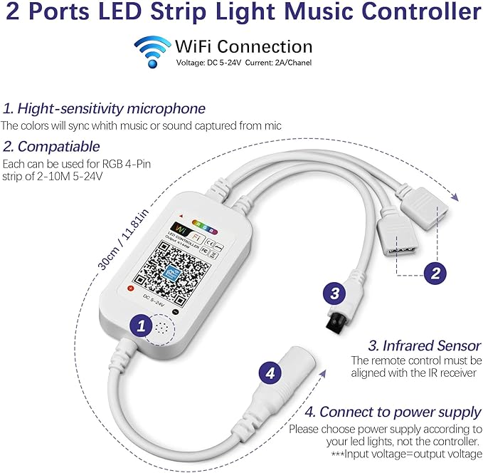Smart WiFi & IR Dual-Control RGB LED Controller - 2.4GHz/Infrared Wireless, 2-Channel 4-PIN Output with Music Sync, Compatible with 5050/3528 LED Strips