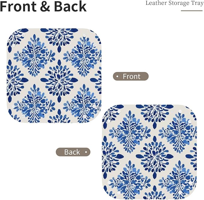 Simple Minimal Blue Floral Pattern Valet Tray Leather Portable Tray Desktop Storage Organizer Bedside for Men Women Jewelry Keys Coin Candy Sundries