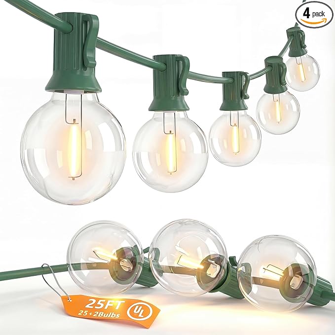 SUNSGNE 25Ft Round Christmas Lights Outdoor, G40 Globe String Lights with 27 LED Clear Lights(2 Spare), Green Wire String Lights for Yard Patio Porch Tent Pergola Backyard Christmas Decorations