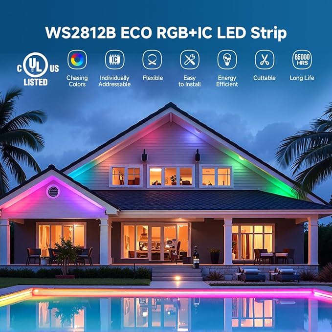 BTF-LIGHTING WS2812B ECO RGB LED Strip,UL Listed,Individually Addressable,16.4FT 60LED/m 300Pixel DC5V 5050SMD,Alloy Wire Flexible 3M Tape for DIY Chasing Color Project IP65(No Adapter or Controller)