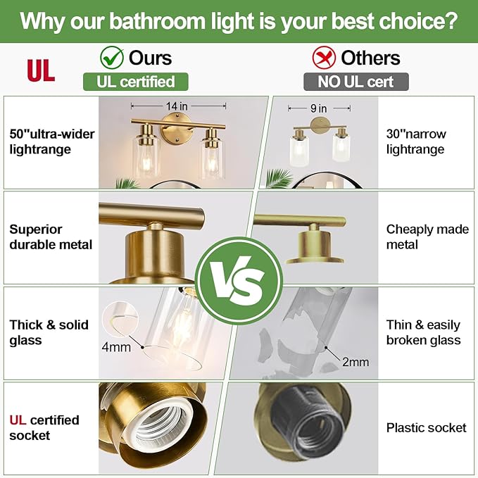 2-Light Bathroom Light Fixtures, Brushed Gold Vanity Light, Modern Vanity Lights with Clear Glass Shade, Bathroom Wall Lamp for Mirror Kitchen Living Room Hallway Cabinet Porch
