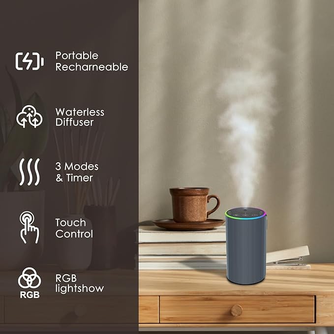 Waterless Essential Oil Diffuser, 7 Colors LED Light, Battery Powered Mini Scent Air Machine, Aromatherapy Mist Diffuser for Home Room Car Office，Black Aluminum Alloy (Grey)