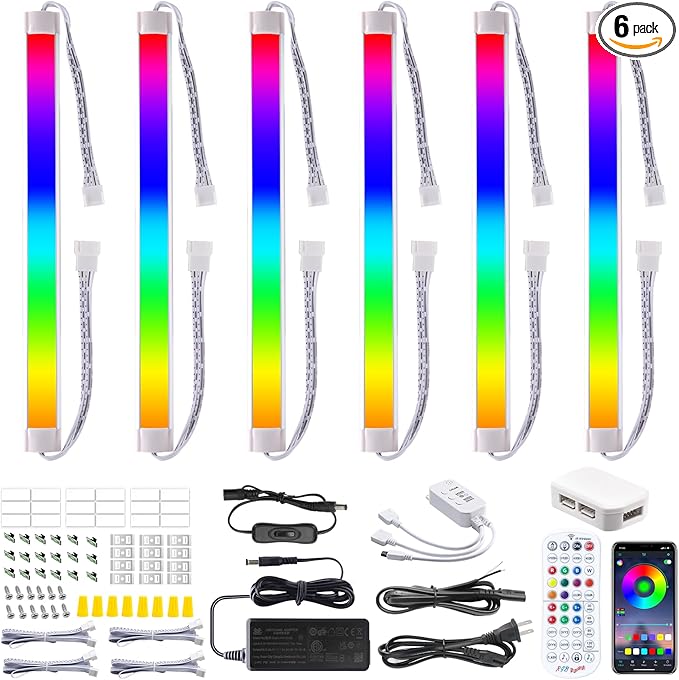 LABOREDUCER RGB Under Cabinet Lights,6 Pack Plug in or Hardwired Linkable RGB LED Closet Light with Remote and APP Control,24V Under Cabinet Lighting for Kitchen Closet Counter 18W(RGB+Warm White)