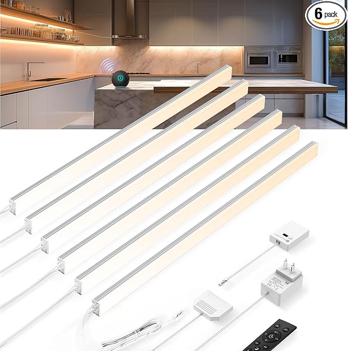 V4light Under Cabinet LED Lighting, 6 Pack Ultra Slim Aluminum Light Bars, Plug-in Kitchen Lights, Smart App & Alexa Control, Dimmable 2700K–6500K, Linkable for Closet, Shelf, Display Cabinet