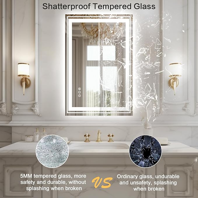 WTTY LED Bathroom Mirror with Backlit and Front Light, 24" X 31.5" Stepless Dimmable LED Mirror for Bathroom,Anti-Fog Lighted Bathroom Vanity Mirror Modern for Wall,Memory Function,Shatter-Proof