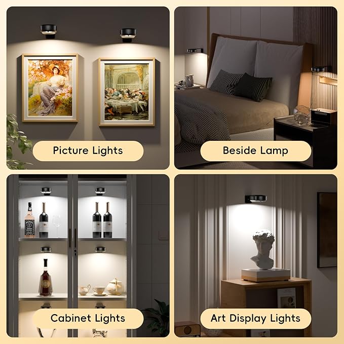 Picture Lights for Wall with Charge Station, 3 Pcs Rechargeable Magnetic Poster Lights with 3 Color Temperatures, Dimmable Timer Painting Wall Decor Light for Art Display, Frame (Black)