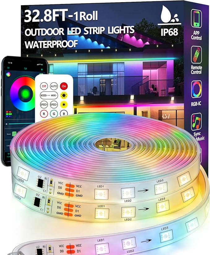 32.8FT Outdoor LED Strip Light Waterproof,IP68 Outside RGB+IC Light Strip with App/Remote Control,Chase Mode,Music Sync Light for Balcony,Deck,Rooftop,Garden,Pool