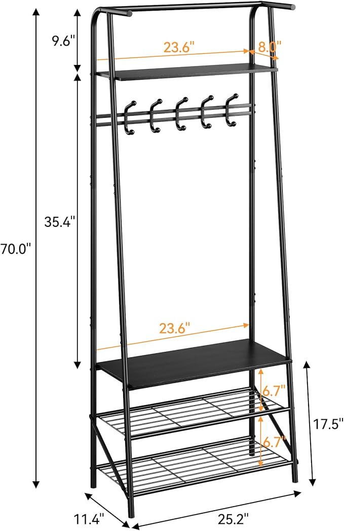Hall Tree Coat Rack with Shoe Storage Bench & 5 Hooks – Entryway Organizer, Metal Frame, Wood Accent – Versatile Furniture for Hallway, Bedroom, Living Room – Single Row Hook, 60cm Wide,