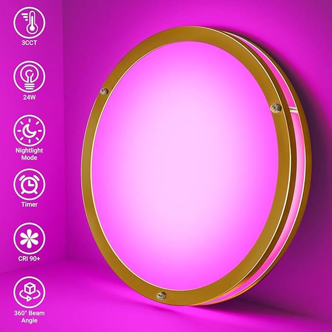 libtit 13 Inch RGB Flush Mount Ceiling Lights with Remote, 24W 5CCT 3000K-6500K&Dimmable, LED Light Fixture with Nightlight and Timer for Bedroom Livingroom Bathroom-Gold