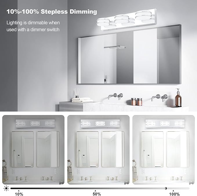 3 Color Temperature Dimmable Bathroom Light Fixtures Over Mirror, LED Chrome 3 Light Vanity Lighting Fixtures, Acrylic Stainless Steel Oval Shade Vanity Lights for Bathroom, ETL Certificated