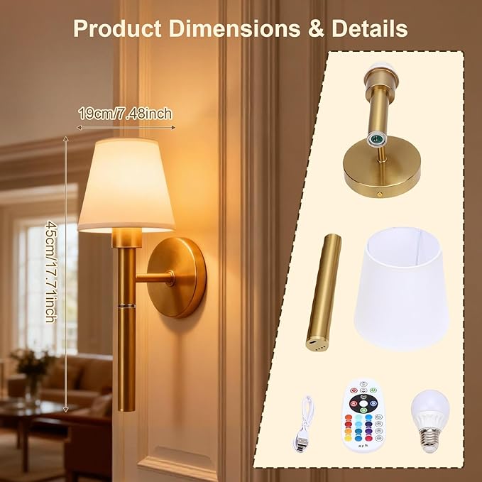 Tomshine 2 Pack Battery Operated Wall Sconces, 5200mAh Rechargeable Wireless Wall Lights with Remote, Magnetic Detachable RGB Dimmable Gold Fabric Lamp for Bedroom Living Room
