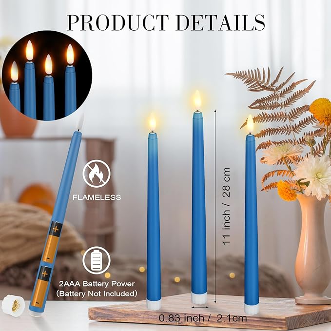 Macarrie 24 Packs Flameless Taper Candles Battery Operated Fake 11 Inch Long Candlelight LED Flameless Candlesticks Flickering Tapered for Spring Summer Wedding(Blue)