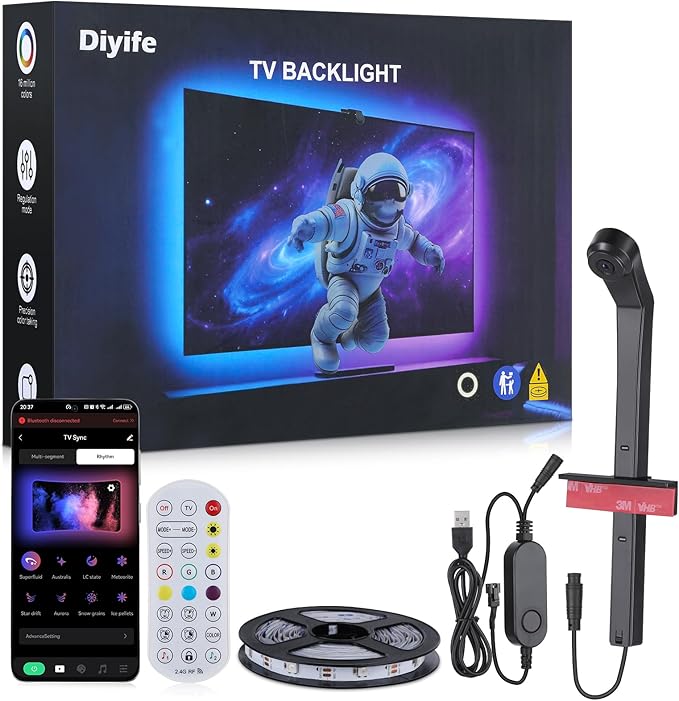 Diyife 16.4ft TV LED Backlight with AR Sensors Sync to 65-75 Inch TVs [Upgraded], Smart TV Backlight Strip, Remote and APP Control, Real-Time Synchronization, 99+ Scene Modes, Music Modes