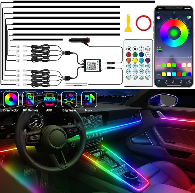 Interior Car LED Strip Lights, Acrylic LED Lights for Car with Dynamic Dreamcolor Chasing, Ambient Lighting Kits Music Sync Wireless APP and RF Remote Control (8 in 1)