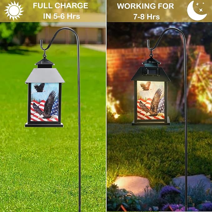 Afirst Solar Lantern Outdoor, Hanging Lights Decorative American Flag Outdoor Lighting Waterproof Umbrella Lights for Patio Garden, Table,Party Decor（Included Shepherd Hook）