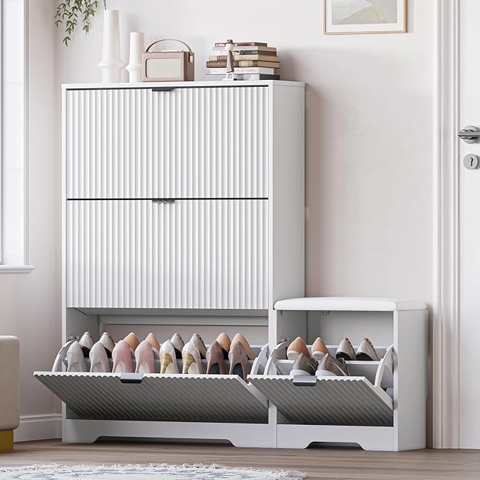 Slim Shoe Cabinet with Bench for Entryway, Hidden Storage and Adjustable Shelves, Free Standing Wooden Shoes Organizer for Foyer, Hallway