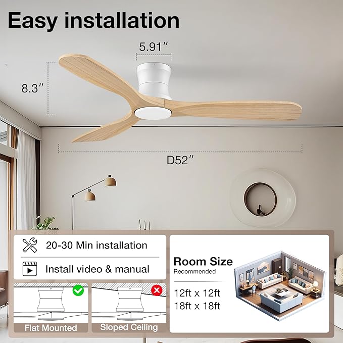 52inch Wood Ceiling Fans with Lights and Remote,Low Profile Modern Ceiling Fan with Light,Outdoor Indoor Flush Mount Ceiling fan,for Bedroom Living room Patio,Light Wood,3 Blades,Dimmable LED,Quiet