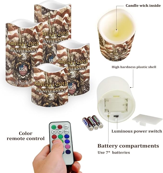 250th Anniversary Electric Candles American Flag Stars Pattern Flameless Candle Fourth of July LED Lights Flickering with Timer Decorations for Fireplace Living Room, 4 Pack
