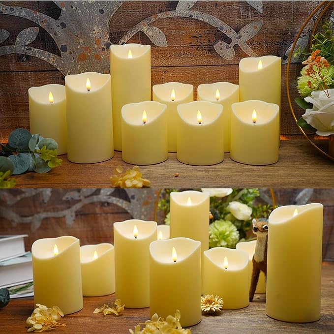 Flameless Candles with Remote, Battery Operated Flickering Flameless Candles, LED Candles with Timer 2/4/6/8H, with Realistic LED Candles Set of 9 (D3 x H 3" 4" 5" 6" 7") (Ivory)