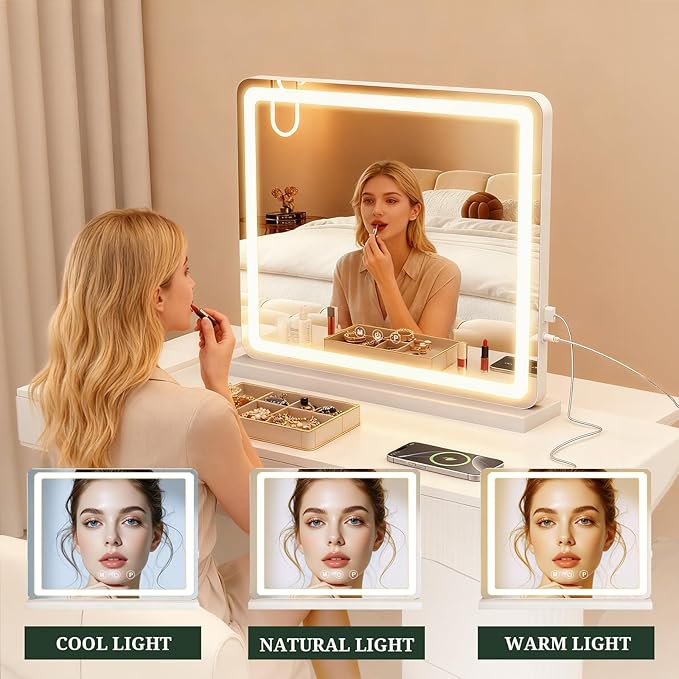 Vanity Mirror with Lights, LED Makeup Mirror with 3-Color Dimmable Lighting, Smart Touch Control, Memory Function, Tabletop Lighted Mirror for Bedroom, Dressing Room