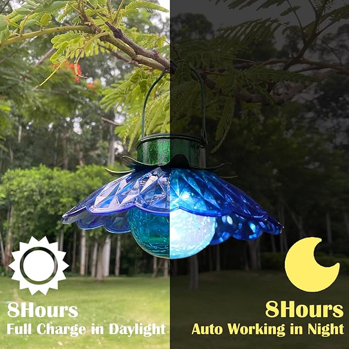 XUWEN Solar Lights Outdoor Waterproof - Blue Solar Flower Lights with Crackle Globe Glass Light, Hanging Lanterns Decorative Outdoor for Yard Walkway Lawn Fence,Christmas Housewarming Gifts for Women.
