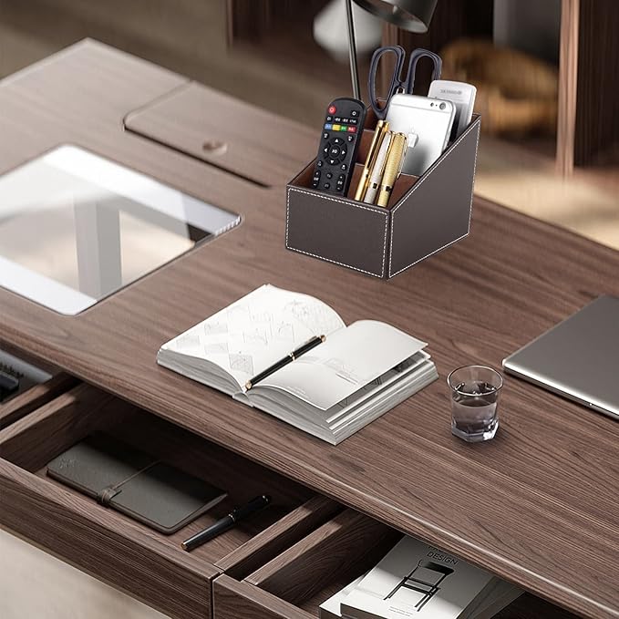 TV Remote Control Organizer/Caddy with 3 Compartments,PU Leather Remote Holder Bedside Table Top, Storage Box, Mobile Phone and Media Accessory Storage,Desk Organizers(brown)