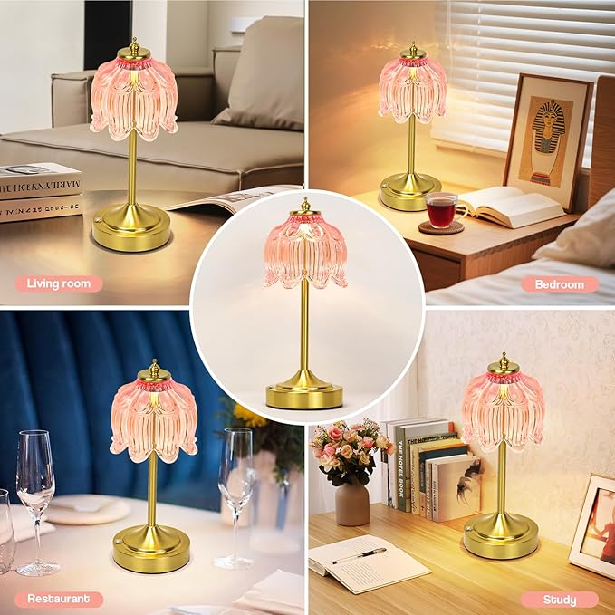Cordless Lotus Flower Table Lamp, 5200mAh Rechargeable Battery Operated Portable Lamp, 3-Color Dimmable Touch Control Small Desk Lamp for Bedroom, Office, Kitchen, Nightstand,Room Decor (Flower Pink)