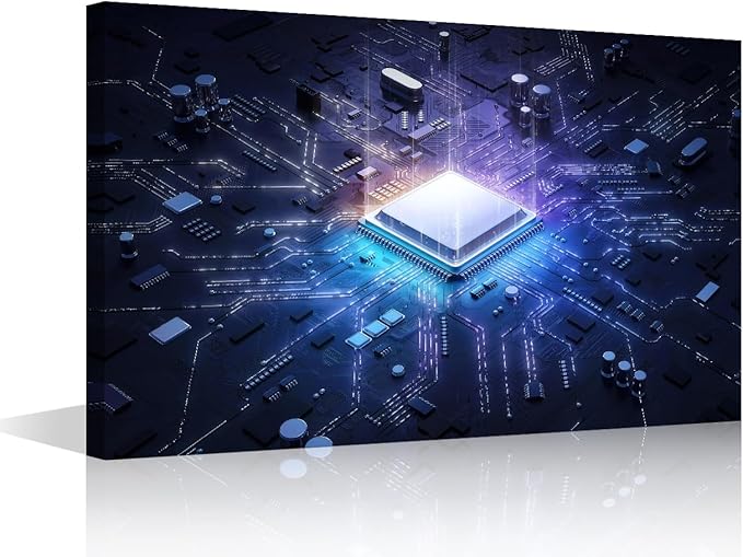 TUMOVO Wall Decor CPU Concept Canvas Wall Art Glowing CPU Modern Artwork for Office AI Picture Print on Canvas Wall Decorations Framed Ready to Hang for Living Bedroom Home, 24x16in