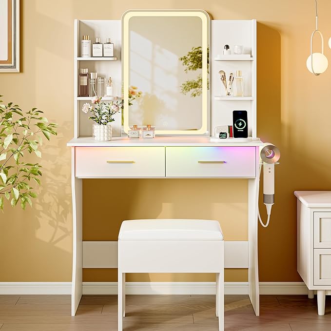 Makeup Vanity Desk with Mirror & Lights, Small Vanity Table Set for Girls with Chair & Power Outlet, Modern Dressing Table with 2 Drawers & 4 Storage Shelves, Adjustable RGB Lighting - White