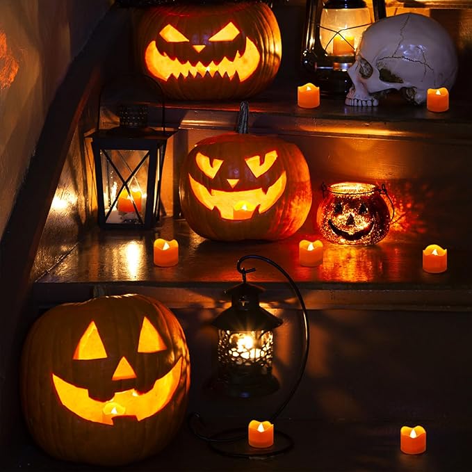 Topstone Halloween Orange Led Tealight with 4/6/8 H Timer,Remote Control Flameless Candle,Battery Powered Fake Candles,Electric Votive Candle,Pack of 12