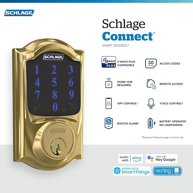 SCHLAGE BE469ZP CAM 605 Connect Smart Deadbolt With Alarm Inbuilt Camelot Trim In Bright Brass