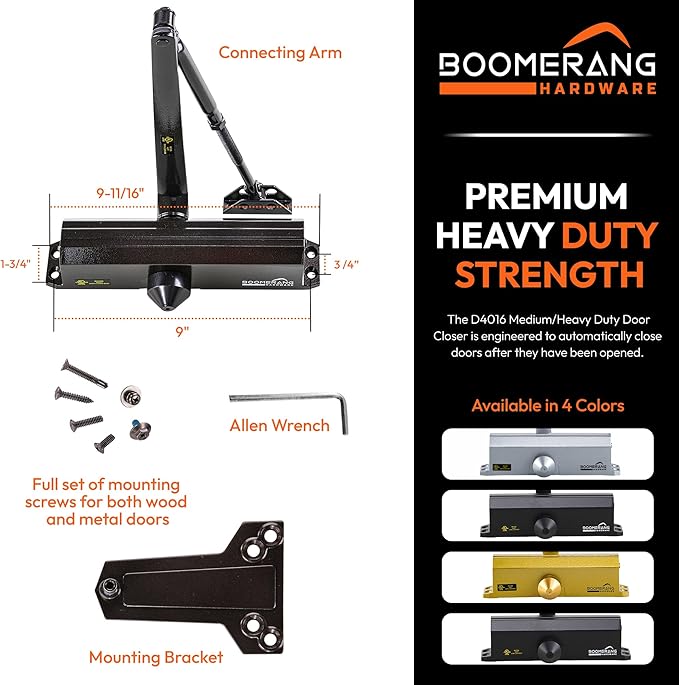 Boomerang Medium/Heavy Duty Automatic Commercial Door Closer - D4016 Surface Mounted, Grade 1- ADA & UL 3 Hour Fire Rated, Adjustable Size 1-6 for Entry & Aluminum Storefronts, Dark Bronze (US10B)