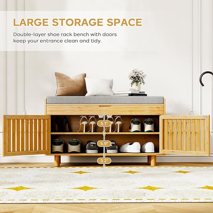 35.4in Shoe Storage Bench, Bamboo Entryway Bench with Lift Top Storage & Padded Seat Cushion, 2-Tier Shoe Rack Cabinet with 2 Doors for Entryway, Living Room, Bedroom, Mudroom, Natural
