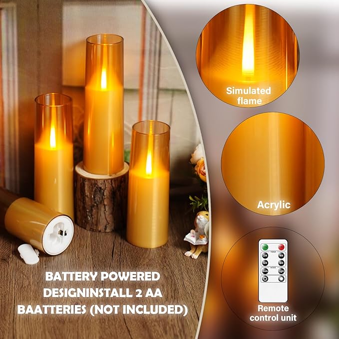 Flameless LED Candles Upgraded Realistic Flickering Flame,7Pcs Battery Operated Candles with Remote Timers,LED Pillar Candles for Home Decor,Christmas,and Parties（Gold）
