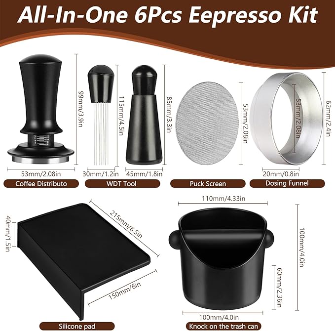 Espresso Accessories,6 PCS Espresso Machine Accessories Kit,Coffee Tamper Tools Set with Espresso Tamper,Coffee Tamping Mat,WDT Distribution Tool,Knock Box,Dosing Funnel and Puck Screen(54mm)