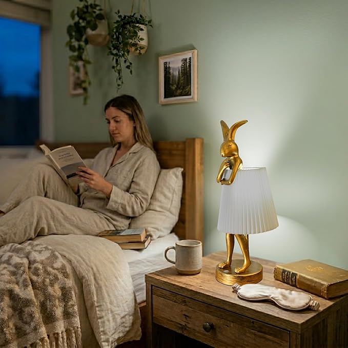 Cordless Rabbit Table Lamp Rechargeable LED 5000mAh, 15.7” Cute Decorative Night Light with Linen Shade & Gold-Tone Bunny Design, Portable Touch Dimmable Bedside Lamp for Bedroom, Home Decor (gray)
