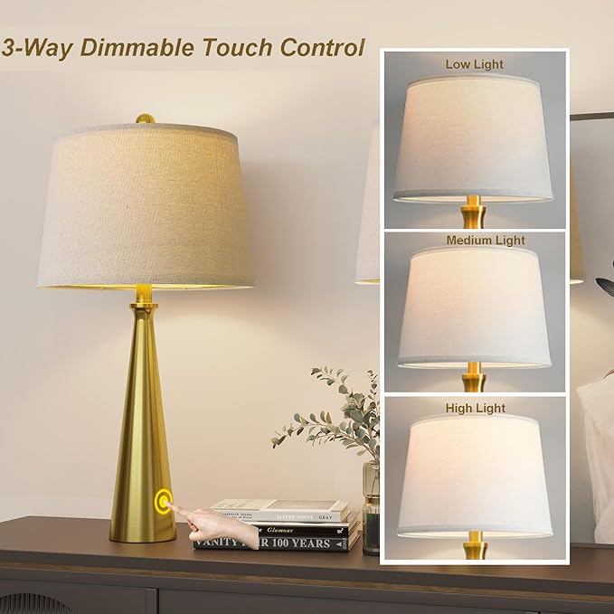 Oneach 25.75" 3-Way Dimmable Touch Control Modern USB Table Lamp Set of 2 for Living Room Bed Room Bedside Nightstand Lamps Fabric Shade Vintage Accent Light Gold Antique Brass