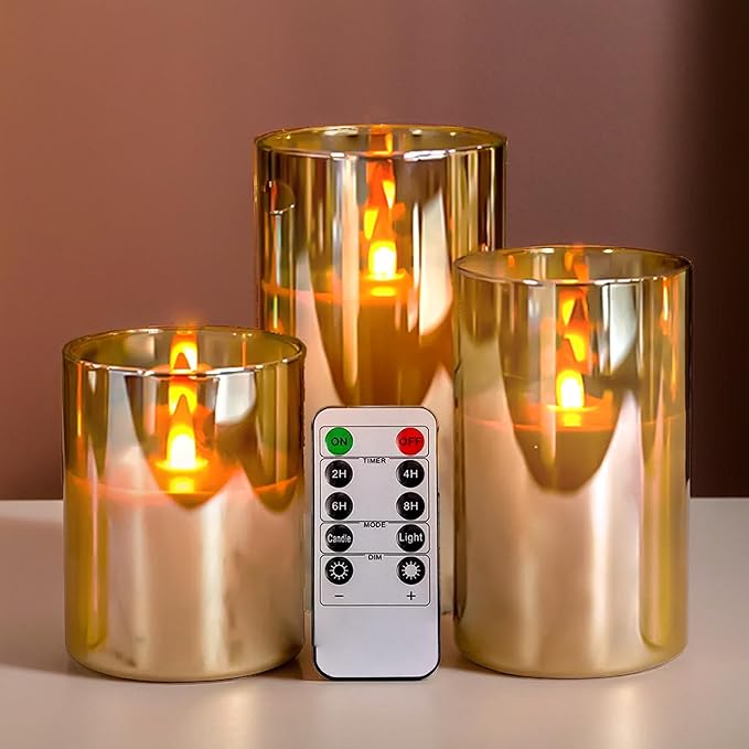 NICEME Radiance Evanescing Flameless Candles with Remote, 3 Pack Glass Battery Operated Candles with Timer, Real Wax Glass LED Candles Flickering Wedding Home Party Christmas D3 x H4 5" 6" Gold