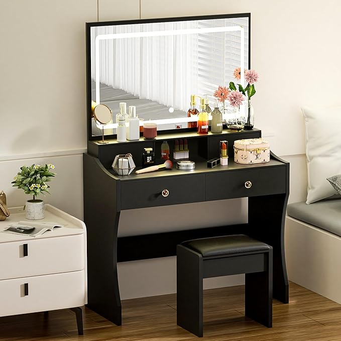 COMHOMA Makeup Vanity Desk with Mirror and Lights, Vanity Table and Chair Set with 4 Drawers and Charging Station, Bedroom Dresser LED Mirror Stepless Dimmable & 3 Color Modes Adjustable, Black