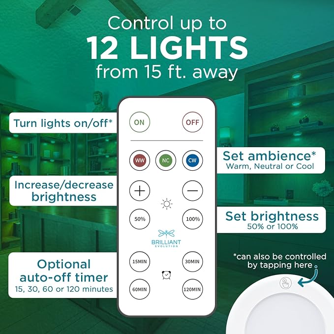 Brilliant Evolution LED Tap Light Push Lights with Remote - 6-Pack Battery Operated Under Cabinet Lights - Stick On Puck Lights for Kitchen, Closet, and Night Lighting - Wireless Warm White, 55 Lumens