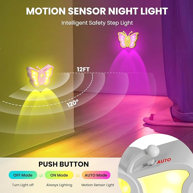 LOFTEK Rechargeable Motion Sensor Light, RGB Color Changing & Dimmable Night Light, Cute Butterfly Light for Kid's Bedroom, Bathroom, Hallway, Tent & Stairs - Ideal Home Decor & Gift, Pink of 4