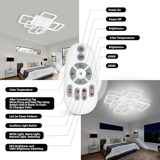 Dimmable Modern LED Ceiling Light 8-Square White Flush Mount LED Ceiling Light with Remote for Living Room Bedroom Close to Ceiling Light Fixture