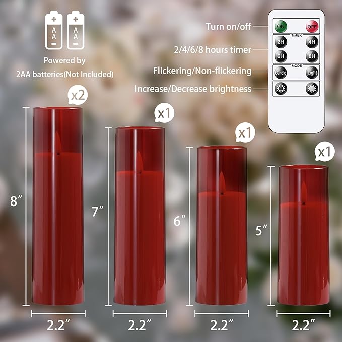 Acrylic Flameless Flickering Candles with Remote Control and Timer, Battery Operated LED Fake 2.2" x 5",6",7",8",8" Plastic Pillar Candles for Home Decor(Long-Lasting, Red)