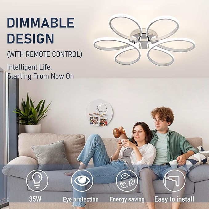 26inch Modern LED Ceiling Light, 6 Rings Flower Flush Mount Light Fixture with Remote Control Chrome Dimmable Ceiling Lamp for Living Room, Bedroom, Dining Room, Hallway, Kitchen